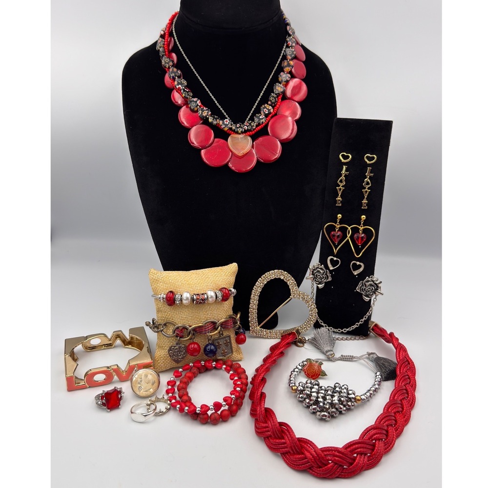 Valentine Costume Jewelry Lot Red Necklace Earrings Bracelet Sweater Heart Rose